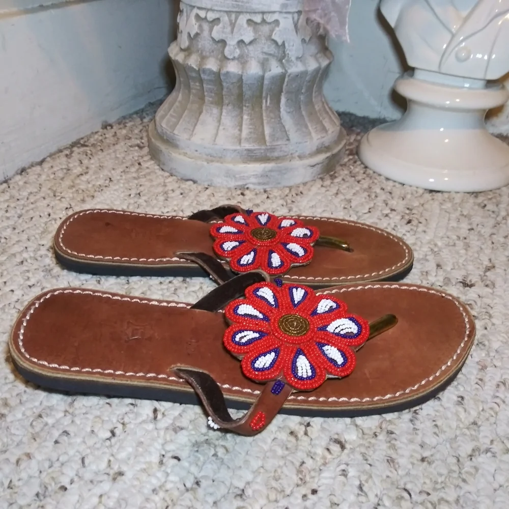 Boho Handmade Red, White, Blue & Gold Beaded Flower Thong Sandals - Picture 2 of 9
